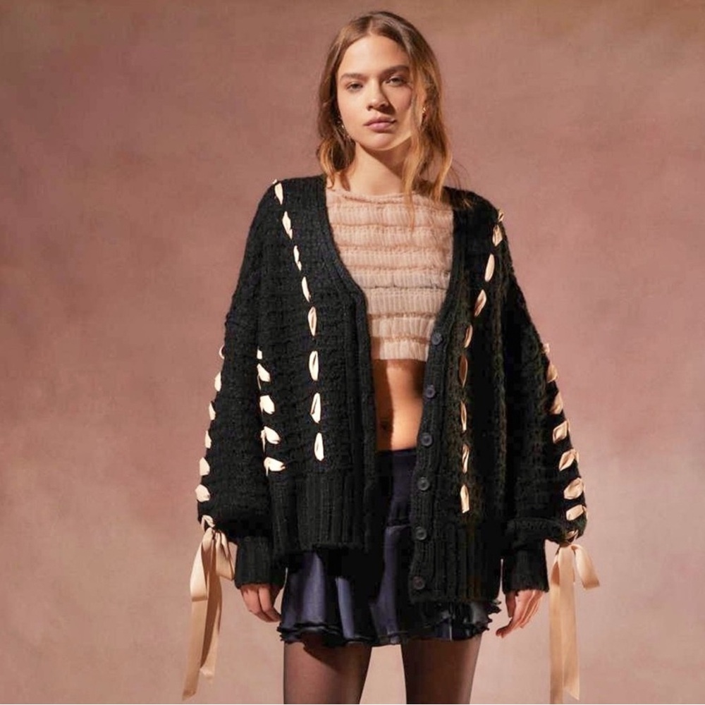 For Love and Lemons Liberty Oversized Cardigan Black with Ribbon Details